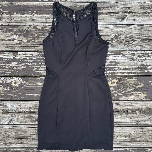 Guess Black Bodycon Mini Cocktail Dress sz 10 Lace Cut Out Wedding Guest Event - Picture 1 of 9